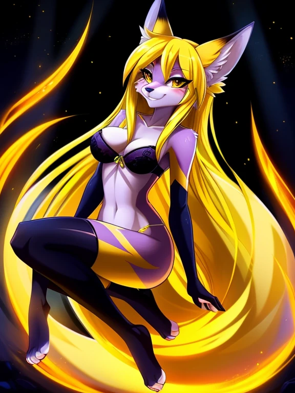 by fluff-kevlar, by ouka, by Kilinah, (((woman, breasts, antrum, extremely detailed, extremely detailed legs, extremely detailed arms, extremely detailed face, perfectly detailed eyes, perfectly detailed anatomy))): 1.2, beautiful and detailed portrait of an anthropomorphic vixen ((female))), anthro, female, fox, high definition, good anatomy, yellow fur, yellow body, simple background, highly detailed face, deep yellow iris, yellow eyes, yellow hair, long hair, kitsune, multiple tails, dark lighting, moody lighting, full body, sexy body, slanky body, sexy face, nice, hot, cute, pawpads, paws, showing feet, magical levitating, night, blushing, friendly smile, smile, friendly, elegant, dark, mysterious, alluring, beautiful, thigh highs, purple yukata, bra, underwear