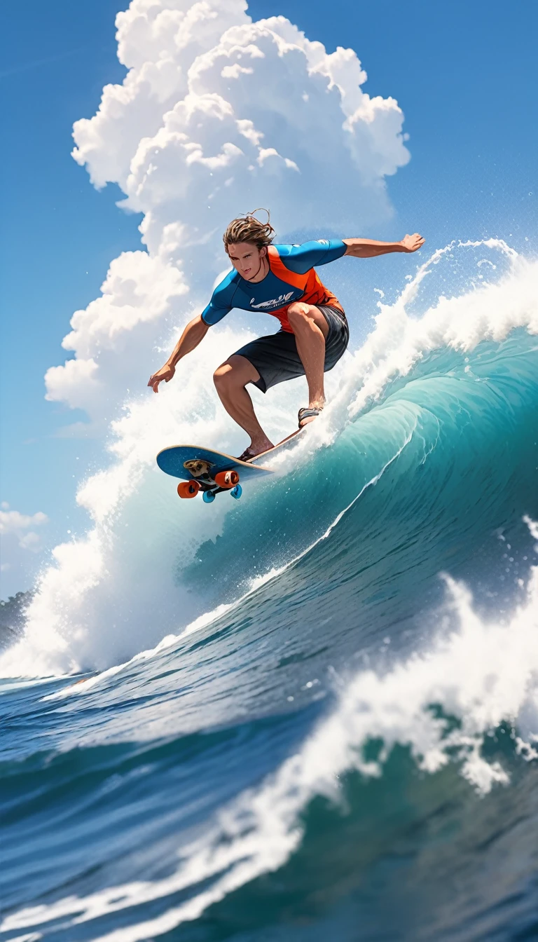 Huge waves,Splashing water,Man wearing surfing gear clothing.riding a surfboard..Surfer riding on the wave,Control the skateboard with your body.Under the blue sky and white clouds,Waves rise and fall on the sea,Form beautiful curves .Surfers riding rough waves,Enjoy the excitement and (best quality,4K,8k,high resolution,masterpiece:1.2),Super detailed,(Practical,photoPractical,photo-Practical:1.37)