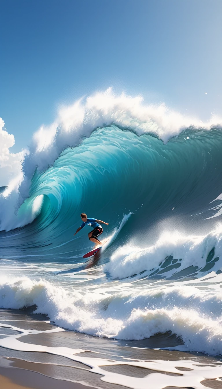 Huge waves,Splashing water,Man wearing surfing gear clothing.riding a surfboard..Surfer riding on the wave,Control the skateboard with your body.Under the blue sky and white clouds,Waves rise and fall on the sea,Form beautiful curves .Surfers riding rough waves,Enjoy the excitement and (best quality,4K,8k,high resolution,masterpiece:1.2),Super detailed,(Practical,photoPractical,photo-Practical:1.37)