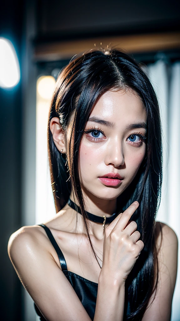 8k、High resolution、Punk Fashion、beautiful girl、Android Body、young、White skin,、Narrow eyes,High nose,Face lighting、Clear images、Intellectual beauty、skinny、No makeup、Anxious expression、Face lighting,Shiny Hair、single eyelid,blue eyes