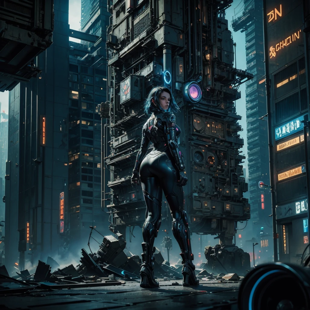 
a futuristic cyberpunk woman while she searches a semi-destroyed alien city, within the city walls some mysterious alien symbols can be glimpsed, hyper-realistic, cinematic, 8k, ultra-detailed, masterpiece, intricate-details 