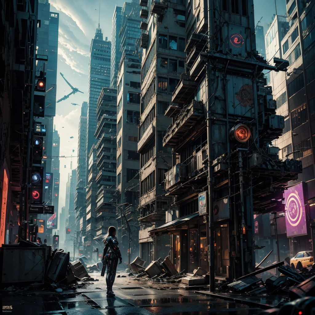 a futuristic cyberpunk woman while she searches a semi-destroyed alien city, within the city walls some mysterious alien symbols can be glimpsed, hyper-realistic, cinematic, 8k, ultra-detailed, masterpiece, intricate-details