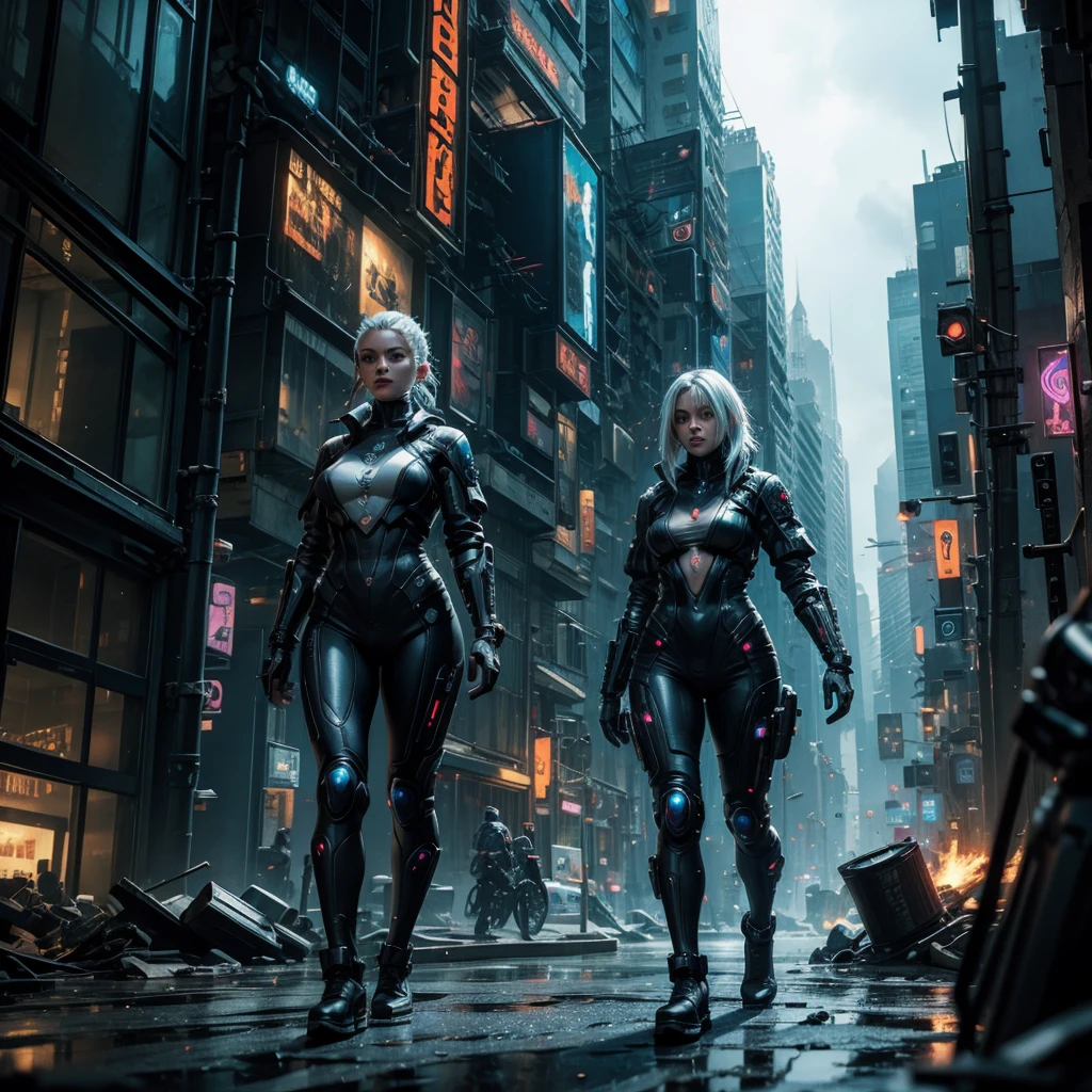 a futuristic cyberpunk woman while she searches a semi-destroyed alien city, within the city walls some mysterious alien symbols can be glimpsed, hyper-realistic, cinematic, 8k, ultra-detailed, masterpiece, intricate-details
