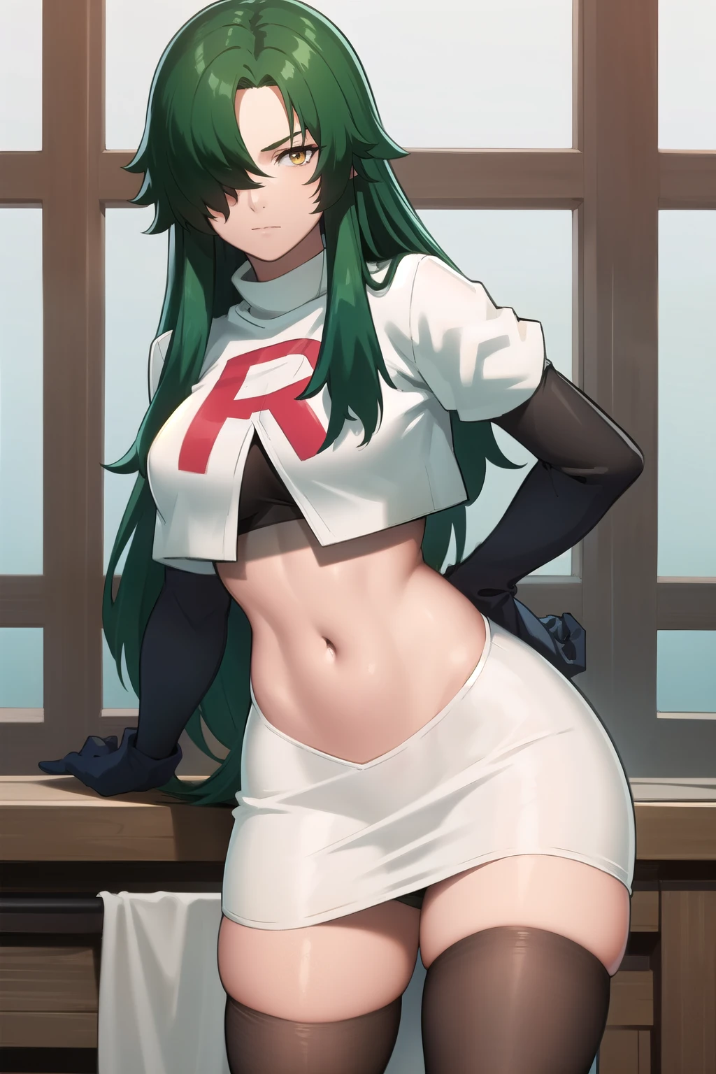 photorealistic, (4k), depth of field, (Masterpiece), (realistic skin texture), extremely detailed, intricate, hyper detailed, professional photography, bokeh, high resolution, sharp detail, best quality, woman, long hair, green hair, yellow eyes, hair covering one eye, team rocket,team rocket uniform,white skirt,red letter R,crop top,black thigh-highs,black elbow gloves, muscular female,