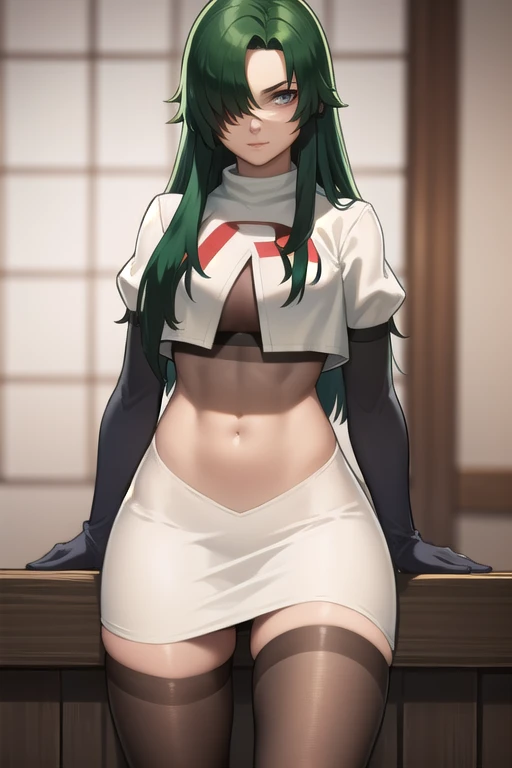 photorealistic, (4k), depth of field, (Masterpiece), (realistic skin texture), extremely detailed, intricate, hyper detailed, professional photography, bokeh, high resolution, sharp detail, best quality, woman, long hair, green hair, yellow eyes, hair covering one eye, team rocket,team rocket uniform,white skirt,red letter R,crop top,black thigh-highs,black elbow gloves, muscular female,