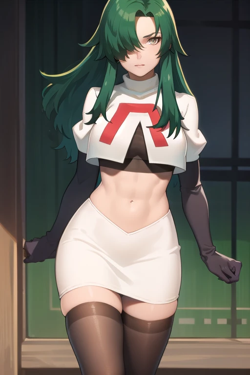 photorealistic, (4k), depth of field, (Masterpiece), (realistic skin texture), extremely detailed, intricate, hyper detailed, professional photography, bokeh, high resolution, sharp detail, best quality, woman, long hair, green hair, yellow eyes, hair covering one eye, team rocket,team rocket uniform,white skirt,red letter R,crop top,black thigh-highs,black elbow gloves, muscular female,