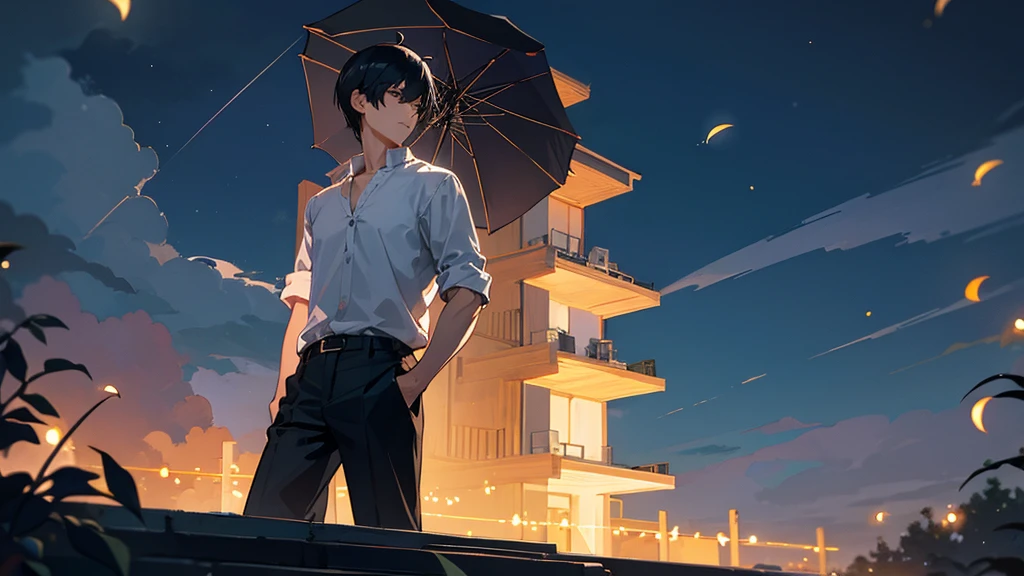 background、Moonlight is fantastic、Dawn and fireflies。figure、Handsome, short black hair。Modern outfit for summer