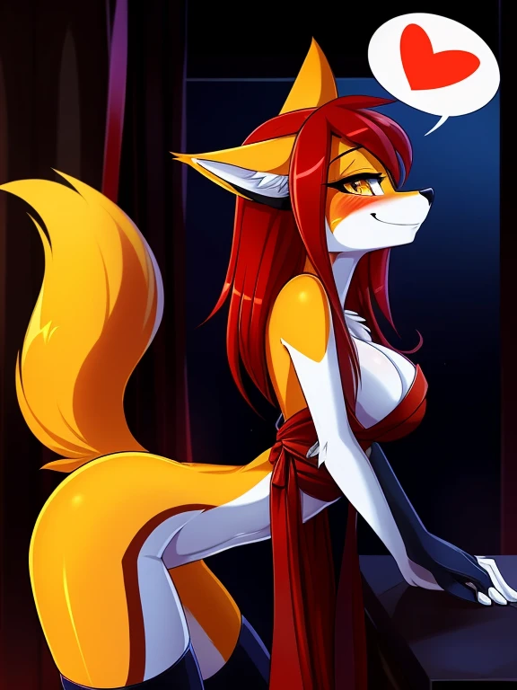 by fluff-kevlar, by ouka, by Kilinah, (((woman, breasts, antrum, extremely detailed, extremely detailed legs, extremely detailed arms, extremely detailed face, perfectly detailed eyes, perfectly detailed anatomy))): 1.2, beautiful and detailed portrait of an anthropomorphic vixen ((female))), anthro, female, red fox, high definition, good anatomy, orange fur, orange body, simple background, highly detailed face, deep yellow iris, yellow eyes, short hair, red hair, long hair, speech bubble, heart, hearts, dark lighting, moody lighting, full body, sexy body, slanky body, sexy face, nice, hot, cute, bending over, side view, blushing, friendly smile, smile, friendly, elegant, dark, mysterious, alluring, beautiful, thigh highs, yukata