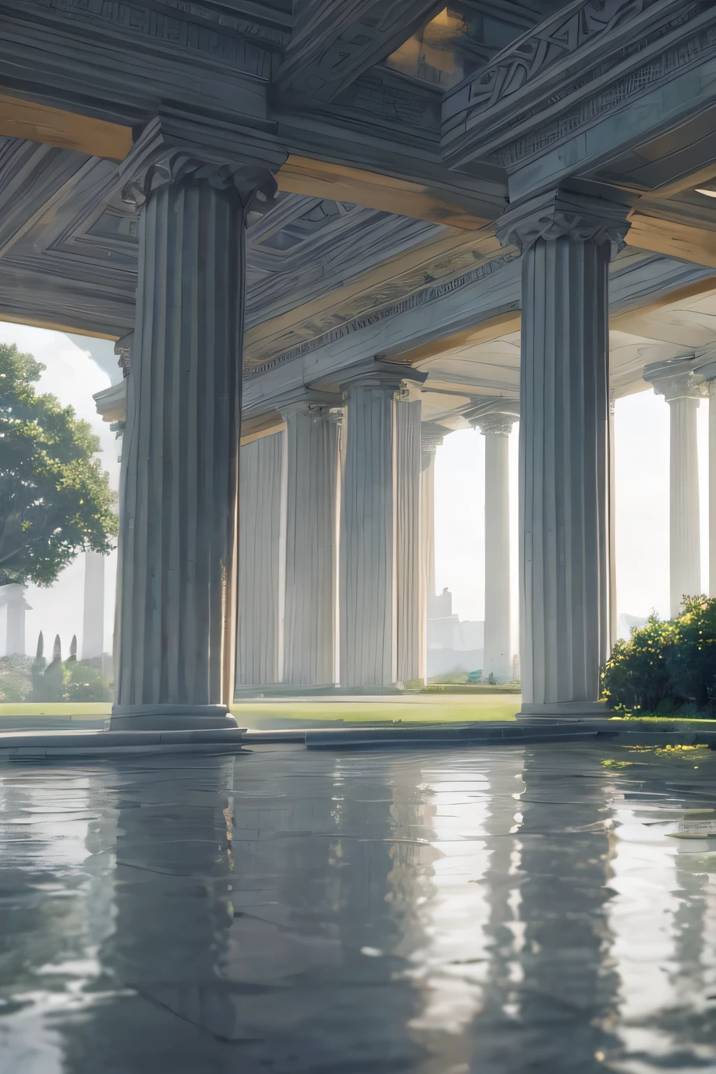 a large white building with numerous columns, which resembles a greek temple. The building is surrounded by a beautiful garden with trees and a lake. The lake is full of boats, some of which are docked.