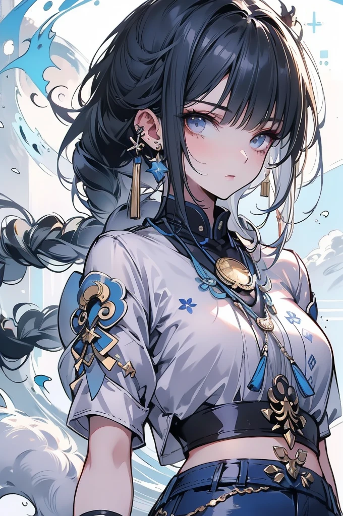 hyper HD, Best quality, Slim figure, Pretty face, Eyes have light, brunette, Gently draped over the back, Braided into simple braids, A hair ornament in the shape of a small moon。She wears a silver or blue cheongsam, The edges of the cheongsam are embroidered with small motifs representing the stars and the moon。At her feet, There is a pair of moon shoes with thin straps, Fly to the moon, Chiaroscuro, Denim style. (1080p+, High complexity structural details) (Quality illustrations, Collectible works)