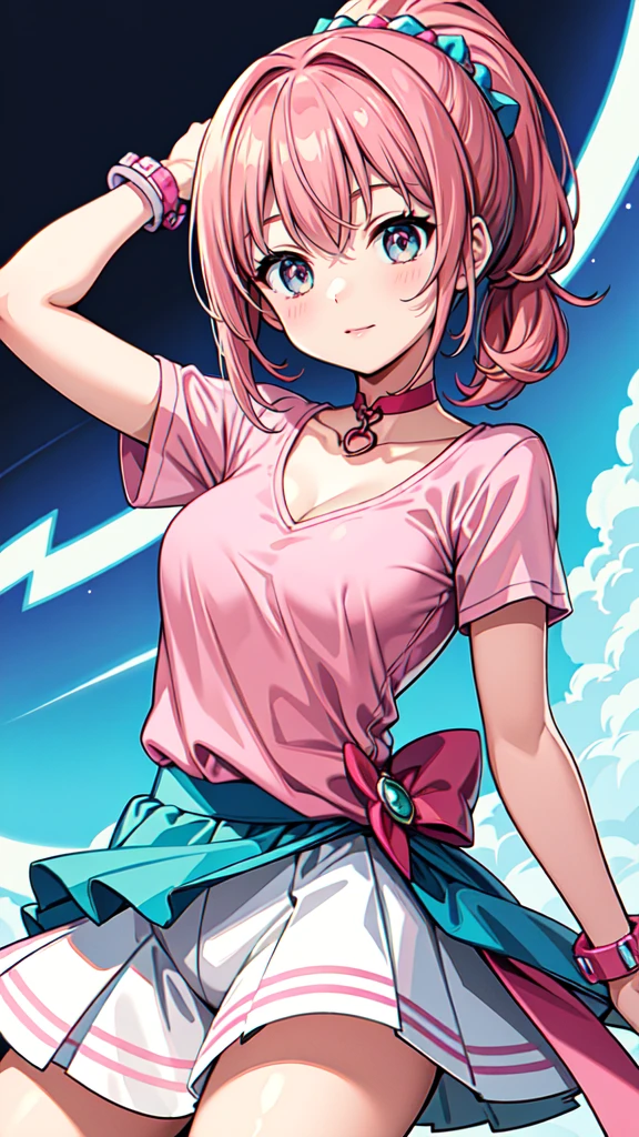 master piece , best quality , ultra detailed , woman , beautiful eyes , kawaii , cute , A pink V-neck T-shirt, lightweight and flexible material, feminine silhouette, bright and vibrant style
