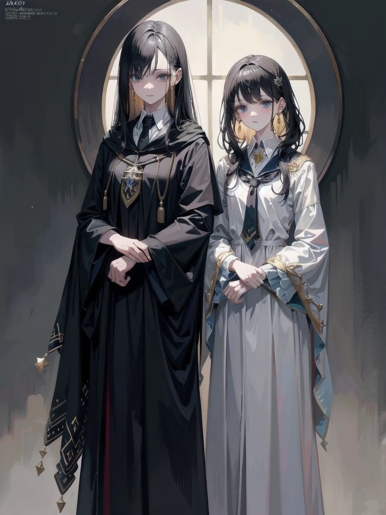 whole body, hogwarts teacher, necktie, cloak, absurdres, RAW photo, extremely delicate and beautiful, masterpiece, Best Quality, ultra high resolution, 32k, hyperrealistic, ultra-detailed, perfect figure, perfect shape, detailed description, pale skin, 20 years old, detailed beautiful face and eyes, tearful mole, earring, short medium hair, wavy hair, black hair,