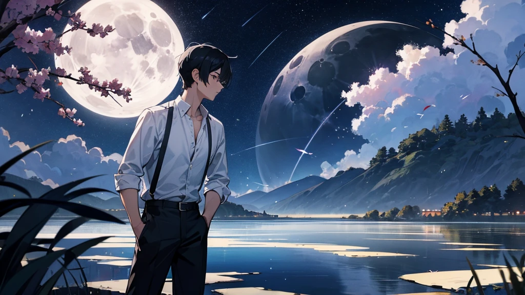 background、Moonlight is fantastic、Dawn and fireflies。figure、Handsome, short black hair。Modern outfit for summer