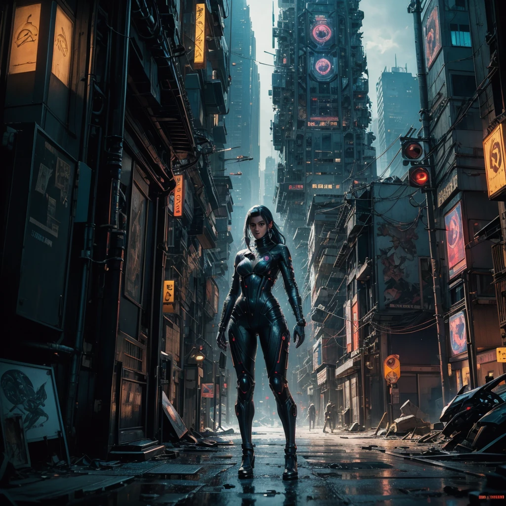 
a futuristic cyberpunk woman while she searches a semi-destroyed alien city, within the city walls some mysterious alien symbols can be glimpsed, hyper-realistic, cinematic, 8k, ultra-detailed, masterpiece, intricate-details, photo-realistic 