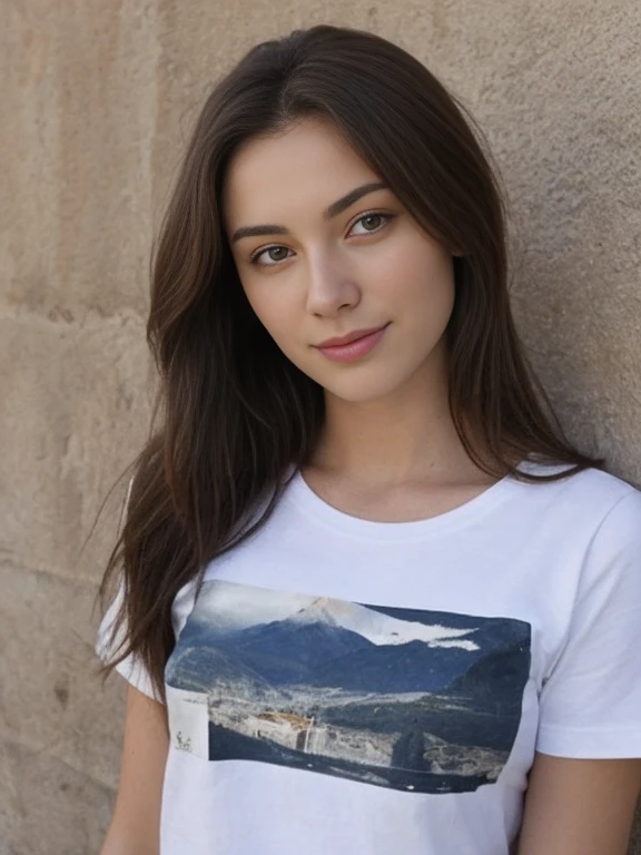 20 year old brunette, T-shirt without bra outside selfie, one eye closed, coquette