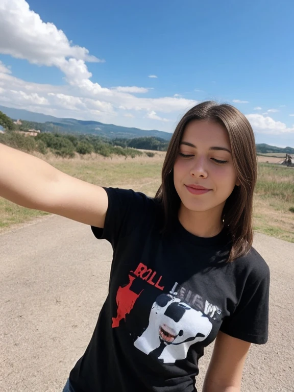 20 year old brunette,  T-shirt without bra outside selfie, one eye closed, coquette