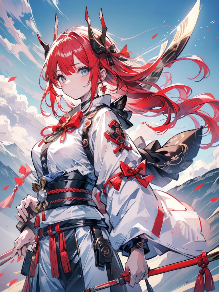 work of art, best qualityer,1 girl, Archer, red 弓, 弓, long hair, white hair, Ainu clothing, standing alone, hair elastic, hawk flying by your side, fingerless mitts, manga curta, mitts, range, pants, bangss, red hair elastic, missiles, small round breasts, eyes browns, white pants, confusing, drlight smile, offcial art, good composition, official pose, detailed portraite, portraite, bokeh, clouds and mountain background, estilo onmyoji, high resolution, dramatic lighting and shadows, solar flares, blurry foreground, (((fully body, pointing the bow in the direction of the hunt)))