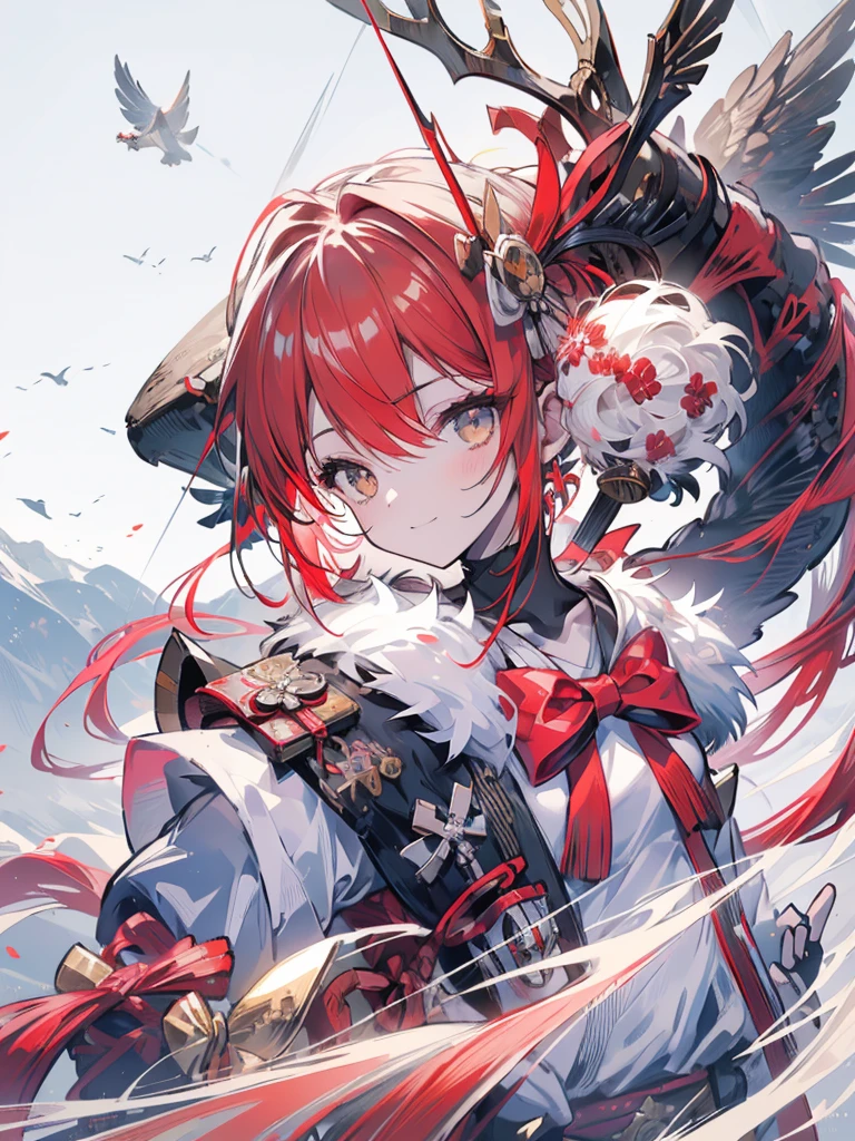 work of art, best qualityer,1 girl, Archer, red 弓, 弓, long hair, white  hair, Ainu clothing, standing alone, hair elastic, hawk flying by your side, fingerless mitts, manga curta, mitts, range, pants, bangss, red hair elastic, missiles, small round breasts, eyes browns, white pants, confusing, drlight smile, offcial art, good composition, official pose, detailed portraite, portraite, bokeh, clouds and mountain background, estilo onmyoji, high resolution, dramatic lighting and shadows, solar flares, blurry foreground, (((fully body, pointing the bow in the direction of the hunt)))
