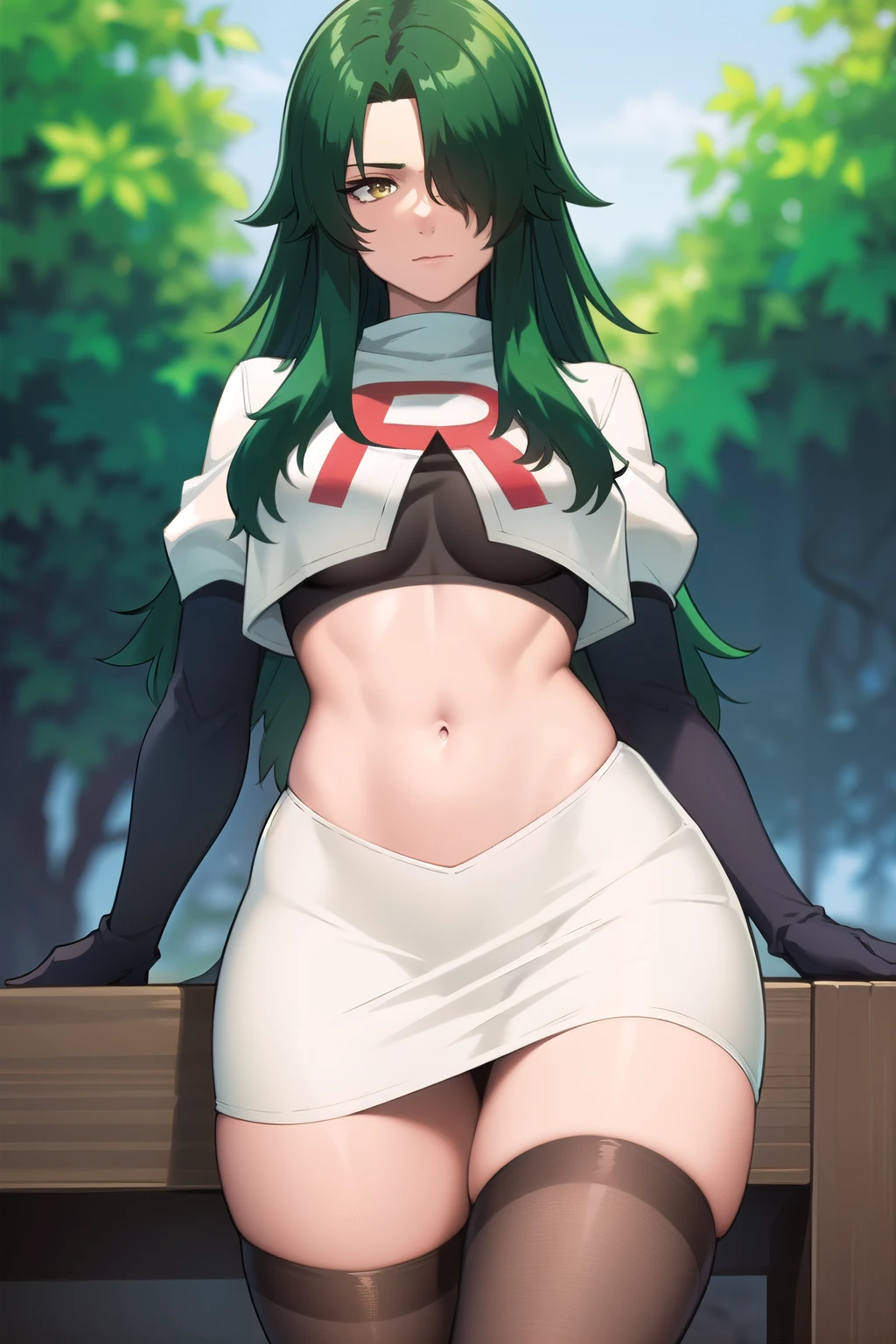 photorealistic, (4k), depth of field, (Masterpiece), (realistic skin texture), extremely detailed, intricate, hyper detailed, professional photography, bokeh, high resolution, sharp detail, best quality, woman, long hair, green hair, yellow eyes, hair covering one eye, team rocket,team rocket uniform,white skirt,red letter R,crop top,black thigh-highs,black elbow gloves, muscular female,