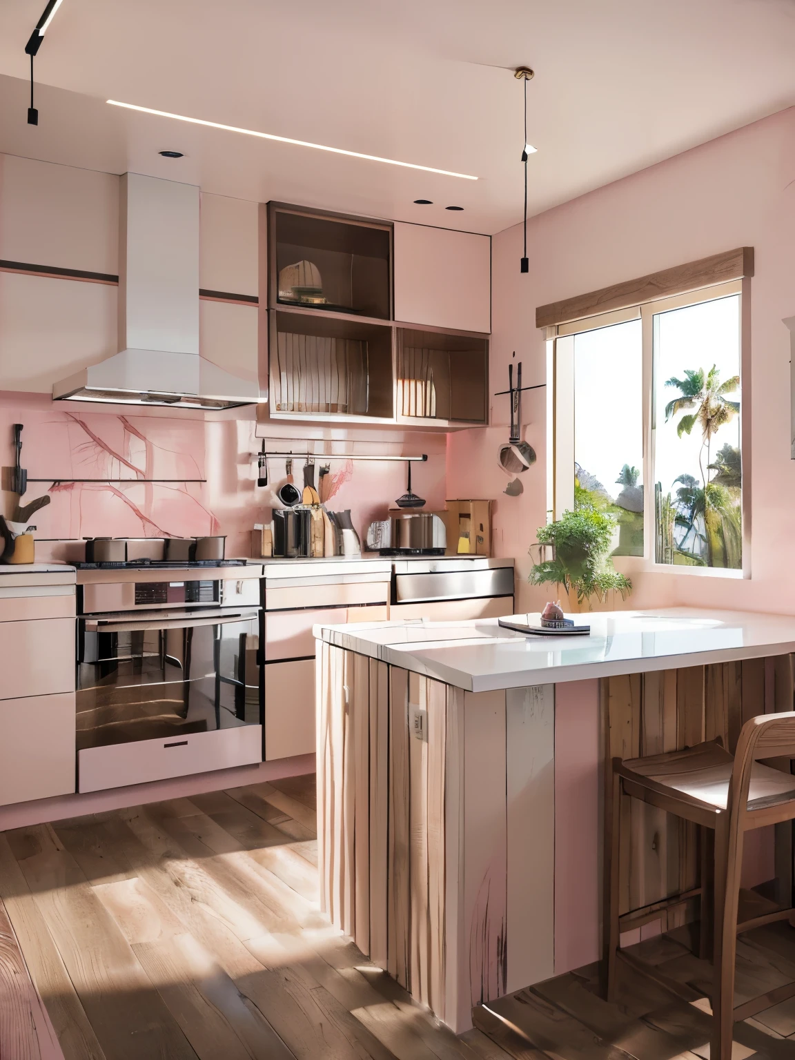 (masterpiece:1.2, best quality:1.2), ultra highres, professional lightings, cinematic lightings, 8k wallpaper, (((ultra realistic interior of kitchen room, ultra detailed interior of kitchen room, counter table, wooden floor, view palm trees & ocean via kitchen window, pink painted wall))), entire view, whole view, panorama view,