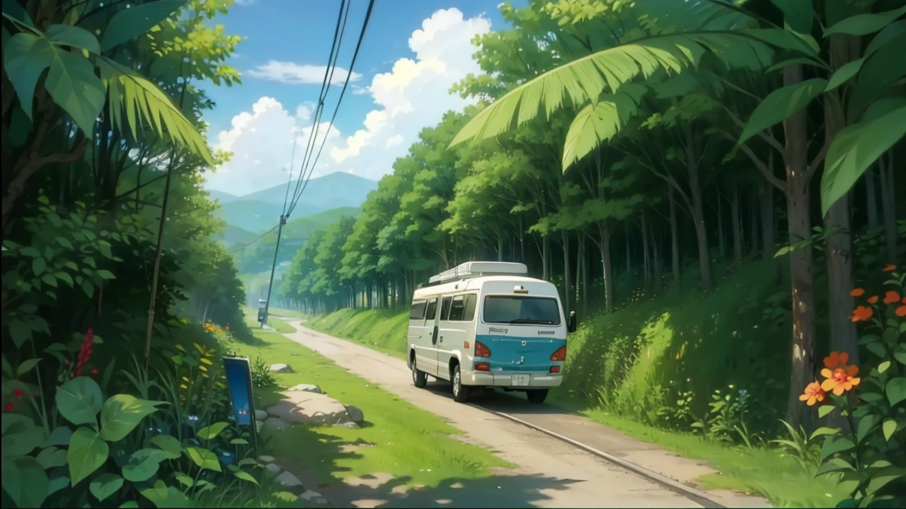 Q version、Manga style、motorhome、nature、trip、road、Glass