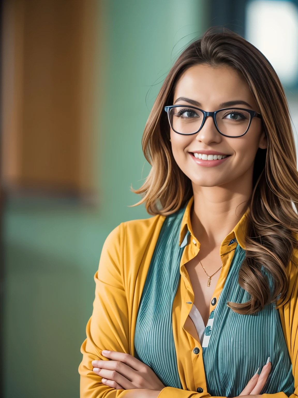 Photo of a smiling, confident businesswoman standing with arms crossed looking away over a blue background, wearing glasses and a yellow blouse. A female entrepreneur concept stock photo in the style of high quality.