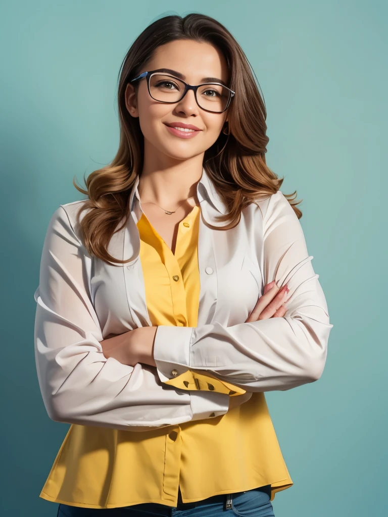 Photo of a smiling, confident businesswoman standing with arms crossed looking away over a ((blue background)), wearing glasses and a yellow blouse. A female entrepreneur concept stock photo in the style of high quality.