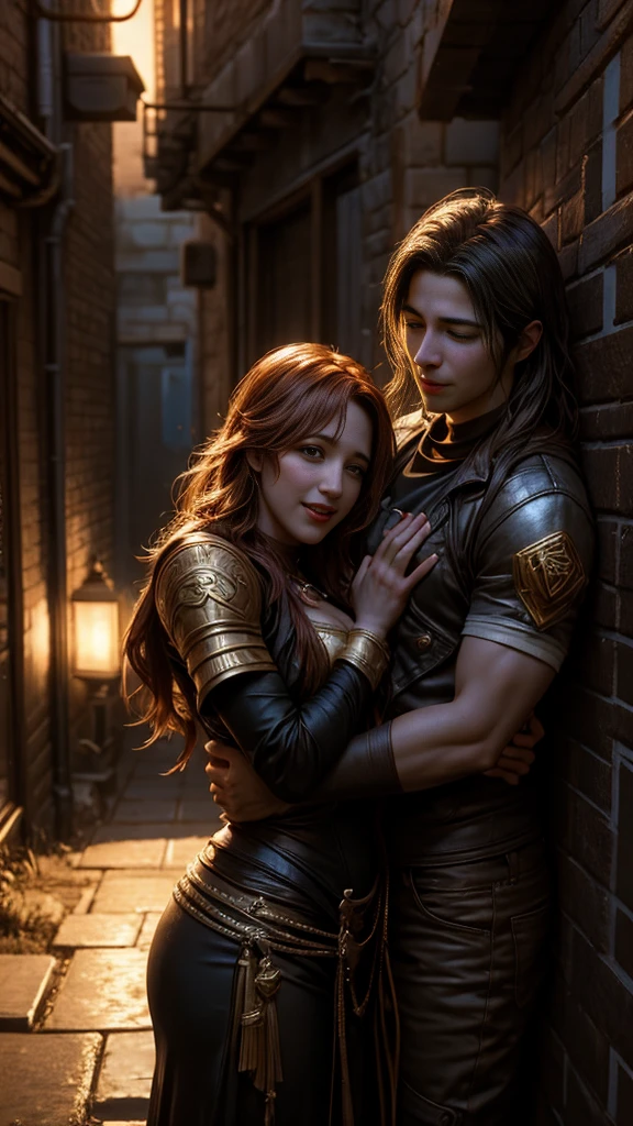 Realistic, personality: [Illustrate a scene where the Aries figure is helping a close friend in distress, showcasing empathy and support. The friend’s expression should reflect gratitude and relief, while Aries displays a reassuring smile. The background should include a dimly lit alley, emphasizing a moment of triumph over adversity] unreal engine, hyper real