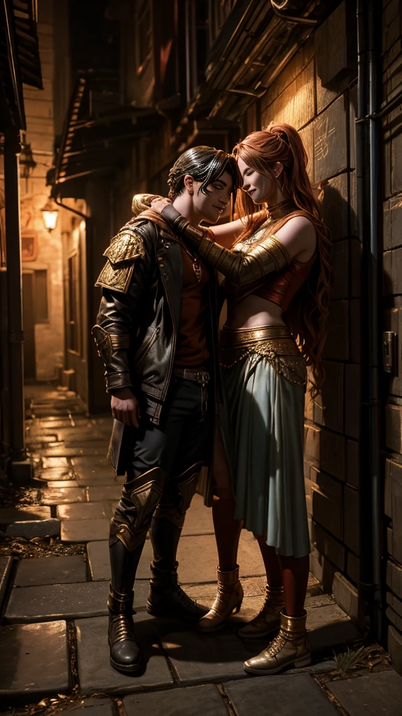 Realistic, personality: [Illustrate a scene where the Aries figure is helping a close friend in distress, showcasing empathy and support. The friend’s expression should reflect gratitude and relief, while Aries displays a reassuring smile. The background should include a dimly lit alley, emphasizing a moment of triumph over adversity] unreal engine, hyper real