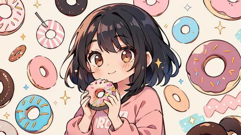 A girl with black hair and brown eyes, with freckles on the face and fair skin, with a pink sweatshirt, smiling and eating several donuts, and a wall with donuts and sparkles drawn on