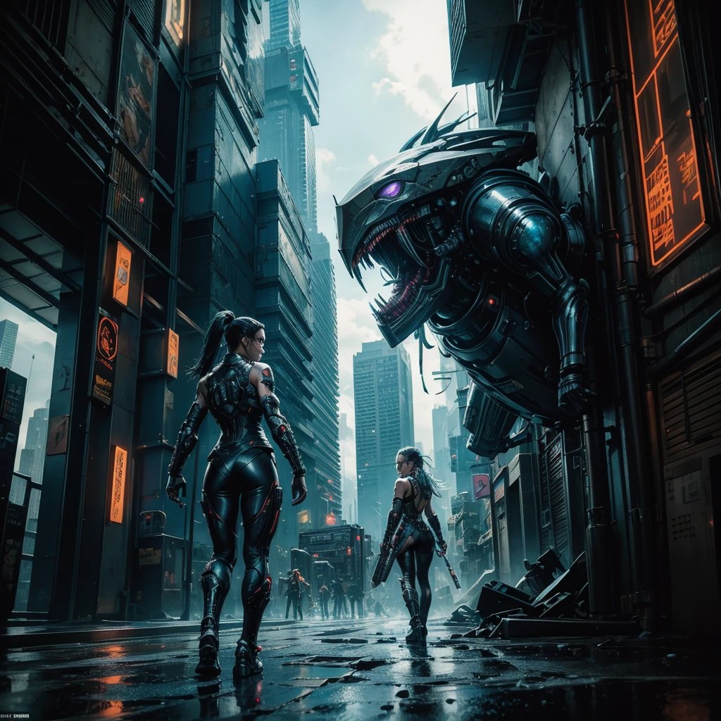 a futuristic cyberpunk warrior woman while she searches a semi-destroyed alien city, within the city walls some mysterious alien symbols can be glimpsed, hyper-realistic, cinematic, 4k, ultra-detailed, masterpiece, intricate-details, photo-realistic