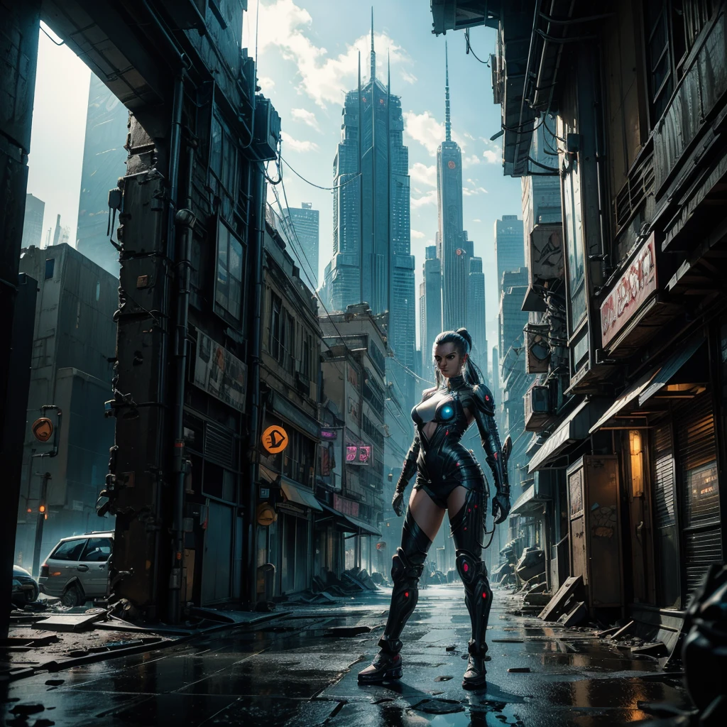 a futuristic cyberpunk warrior woman while she searches a semi-destroyed alien city, within the city walls some mysterious alien symbols can be glimpsed, hyper-realistic, cinematic, 4k, ultra-detailed, masterpiece, intricate-details, photo-realistic