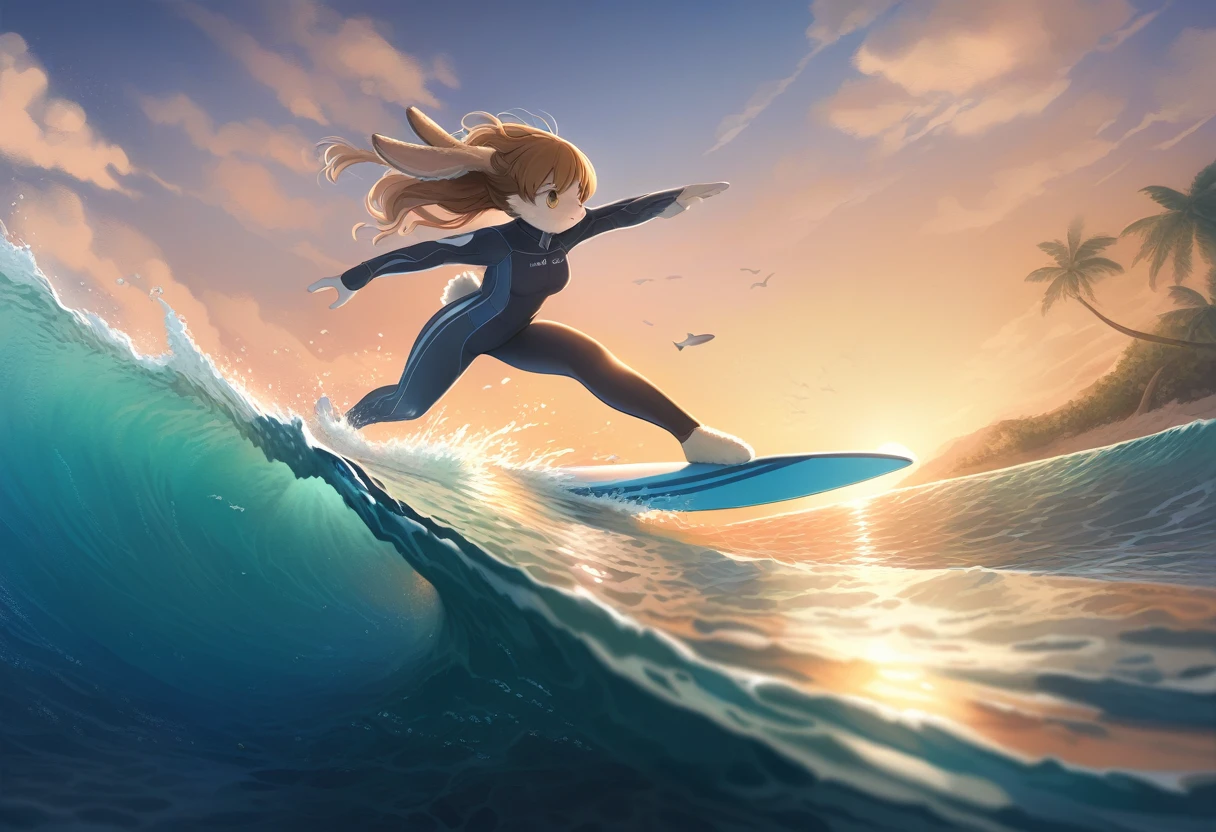 ((Masterpiece)), ((Best Quality)), (Very Detailed), ((Very Detailed)), 4K, (8K), very aesthetic, absurdres highres, 1 girl, (anthropomorphic Rabbit, furry, kemono:1.5), A woman surfing at sunset. The blue sea contrasts with the orange sky, and the unique design of the surfboards catches the eye. The splash of water at the moment the waves break is realistically depicted, and her expression is concentrated. The feeling of freedom is emphasized. Her wetsuit has fine details, with silhouettes of palm trees lining the coastline in the background. Transparent water can be seen beneath the waves, and the sand and small fish on the ocean floor are depicted. Several white clouds float in the sky, and the light of the setting sun reflects on the sea surface, creating a beautiful scene, dynamic angle, (motion blur, motion line),