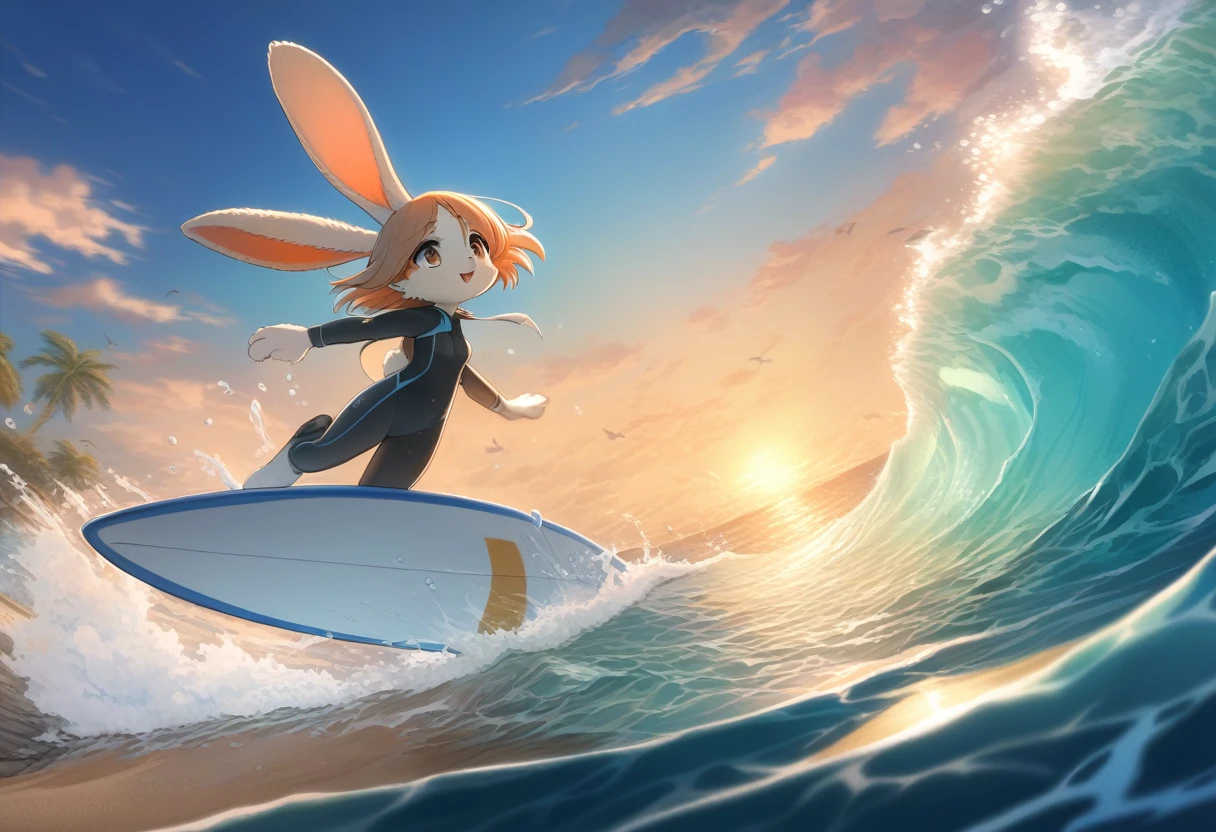 ((Masterpiece)), ((Best Quality)), (Very Detailed), ((Very Detailed)), 4K, (8K), very aesthetic, absurdres highres, 1 girl, (anthropomorphic Rabbit, furry, kemono:1.5), A woman surfing at sunset. The blue sea contrasts with the orange sky, and the unique design of the surfboards catches the eye. The splash of water at the moment the waves break is realistically depicted, and her expression is concentrated. The feeling of freedom is emphasized. Her wetsuit has fine details, with silhouettes of palm trees lining the coastline in the background. Transparent water can be seen beneath the waves, and the sand and small fish on the ocean floor are depicted. Several white clouds float in the sky, and the light of the setting sun reflects on the sea surface, creating a beautiful scene, dynamic angle, (motion blur, motion line),