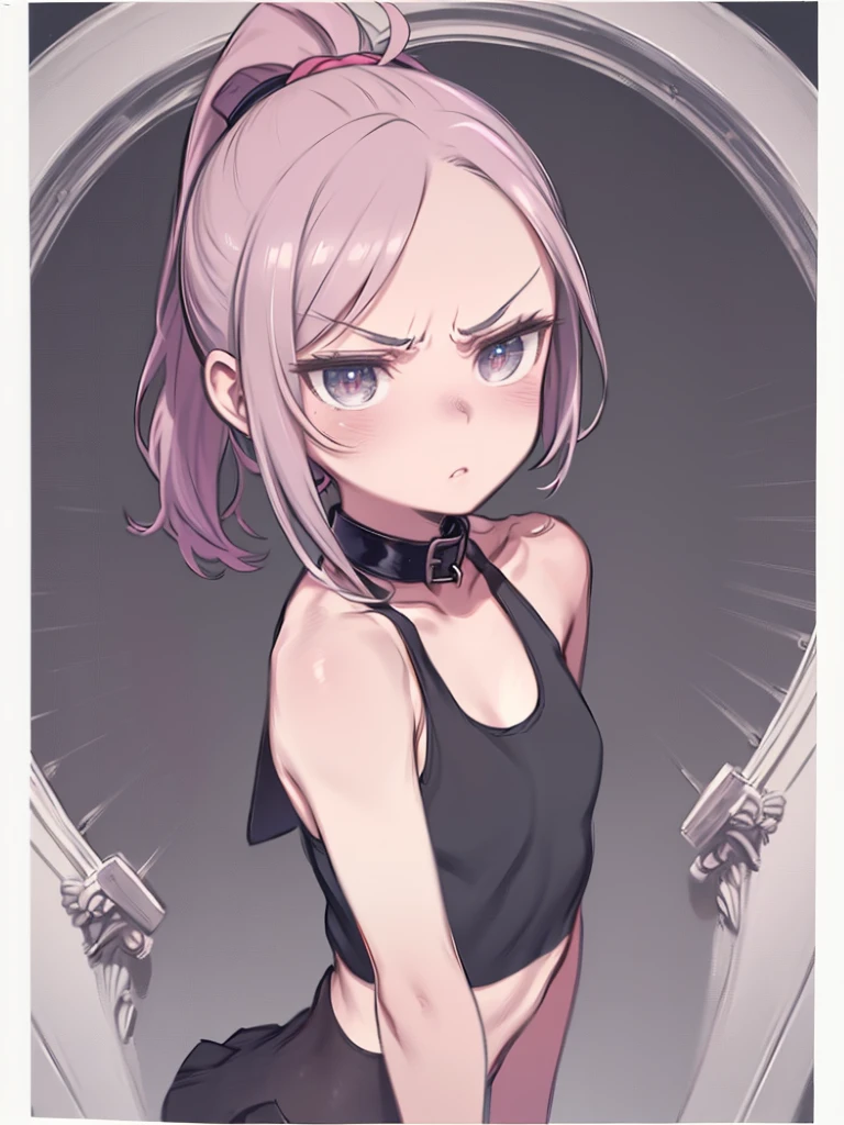 Gabriel, ((Upper Body)), Blushed, Perfect Anatomy, Detailed eyes, Detailed lips, extremely Detailed eyes and face, Vibrant colors, Sharp focus, masterpiece:1.2, Very detailed, Blushed, ((dorsal position)), (alone), ((Cropped tank top)), No sleeve, ((((ponytail)))), (((Contempt, Disgust))), ((Black collar))