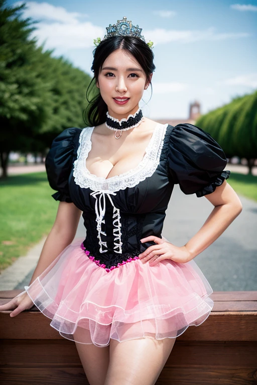 (Browsing Caution:-2.0), (Realistic, photo-Realistic:1.4), (Highest quality,masterpiece:1.2), RAW Photos, High resolution, Intricate details, Very detailed, Realistic and sharp details, Cinema Lighting, (Portraiture, Front view), alone, One girl, (Doll-like appearance), (Sexy Paradise Kiss Cosplay), (Large Breasts, Cleavage), Black Hair, Detailed face, Detailed eyes, smile, (Neon pink clothes), Bell-shaped skirt, petticoat, High neck, Puff sleeves, Fine lace, Detailed embroidery, Paradise Kiss accessories and matching headpiece, choker, Big Shiny Paradise Kiss Jewelry, Shiny Victorian Boots, Photo Background, Outdoor, Large parks, wood,