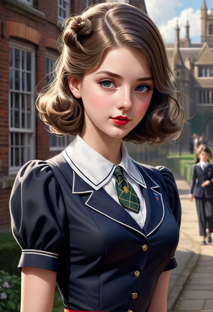 Pretty English 1940s private school girl. Official Art – An Award-Winning Digital Masterpiece In 4K Ultra HD, Extreme Detail And Intricate Realism. This Concept Art Brought To Life By The Hands Of Artists Like Wlop & Artgerm In A Stunning 2D Vector Illustration.