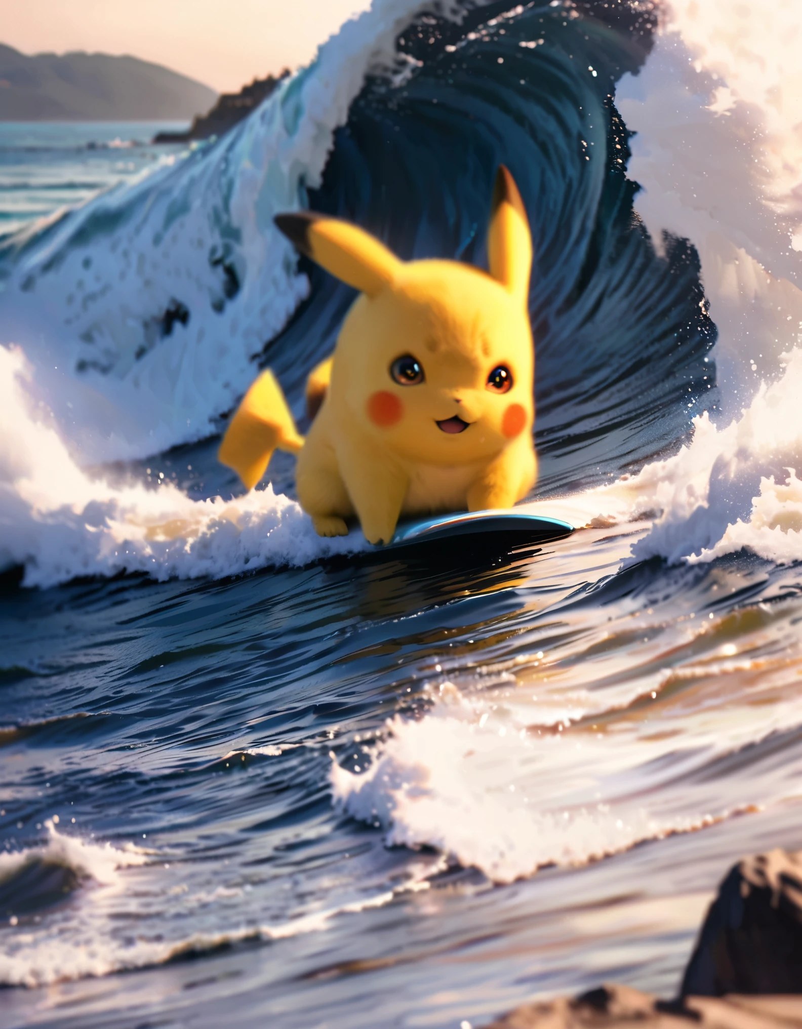 (Surfing 3Pikachu:1.3),quality\(8k,wallpaper of extremely detailed CG unit, ​masterpiece,hight resolution,top-quality,top-quality real texture skin,hyper realisitic,increase the resolution,RAW photos,best qualtiy,highly detailed,the wallpaper,cinematic lighting,ray trace,golden ratio\), BREAK ,solo, 3boys\(Pikachu\(Pokémon, nintendo\),joy\) (surfing:1.5), BREAK ,background\((big wave\(rolling,beautiful,clear,(motion blur:0.5)\):1.5),beautiful sea\(whitecaps\),clean ocean,beautiful coral, beautiful fish,beautiful sky,beautiful sunlight,reflections,water splash,you can see the wind browing,\),(dynamic angle:1.4),anime style,(from above),(close-up of pikachu)