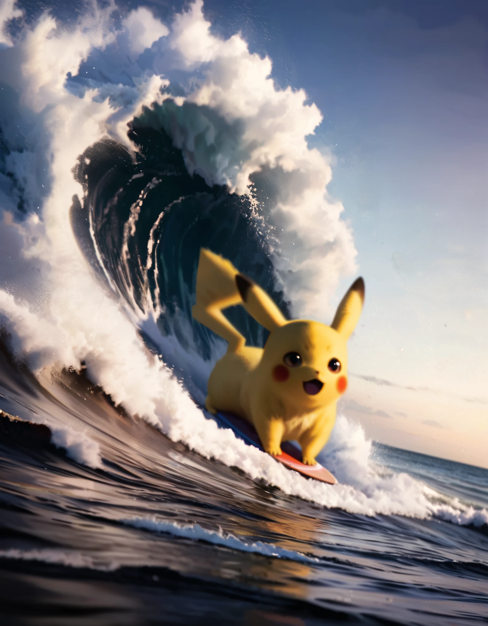 (Surfing 3Pikachu:1.3),quality\(8k,wallpaper of extremely detailed CG unit, ​masterpiece,hight resolution,top-quality,top-quality real texture skin,hyper realisitic,increase the resolution,RAW photos,best qualtiy,highly detailed,the wallpaper,cinematic lighting,ray trace,golden ratio\), BREAK , 3boys\(Pikachu\(Pokémon, nintendo\),joy\) (surfing:1.5), BREAK ,background\((big wave\(rolling,beautiful,clear,(motion blur:0.5)\):1.5),beautiful sea\(whitecaps\),clean ocean,beautiful coral, beautiful fish,beautiful sky,beautiful sunlight,reflections,water splash,you can see the wind browing,\),(dynamic angle:1.4),anime style,(from above),