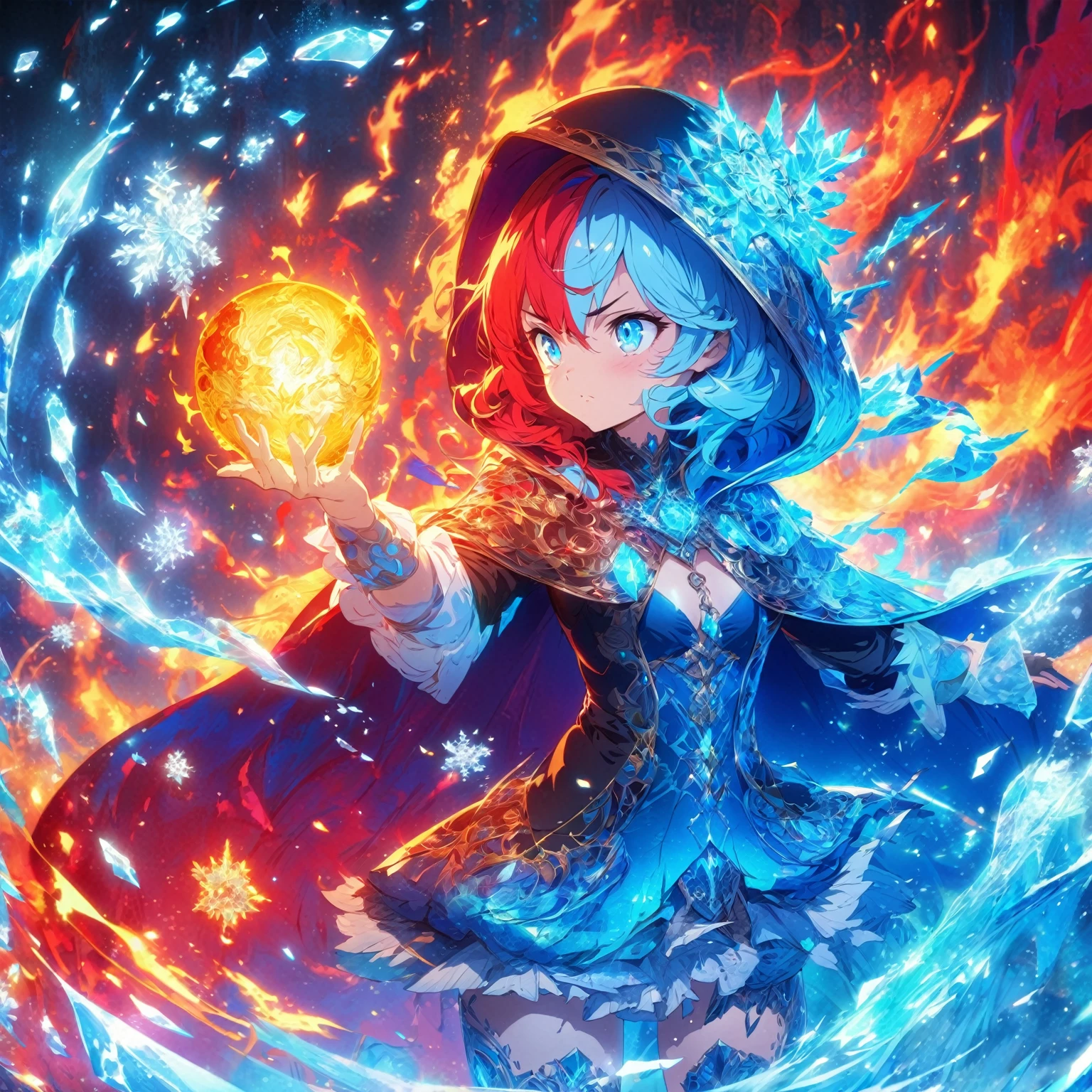 A girl with blue and red hair, wearing a dark hooded cloak with intricate golden patterns, holding a glowing orb of fire in her hand, (:0.9), NSFW, surrounded by swirling flames and ice crystals, dressed in a detailed outfit with blue and white accents, displaying a determined expression, standing against a dark background illuminated by the fiery and icy elements , detailed gorgeous face| anime style| key visual| intricate detail| highly detailed| breathtaking| vibrant| panoramic| cinematic| Carne Griffiths| Conrad Roset| gibbli 8k