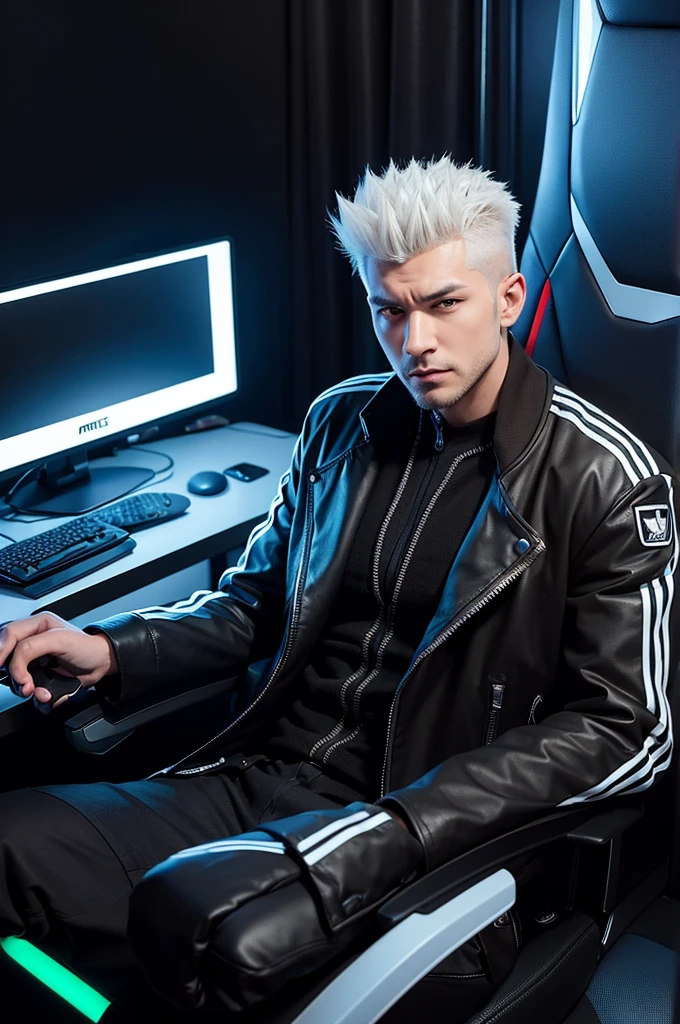 A man with spiked hair is sitting on a gaming chair. He's looking forward, with a concentrated expression. No fundo, there are LED elements and RGB lights, creating a vibrant and futuristic environment. The gaming chair is ergonomic and modern, complementing the technological look of the scene. The RGB lights in the background glow in various colors, reflecting on the gamer's face and the chair, adding a dynamic and immersive touch to the scene.