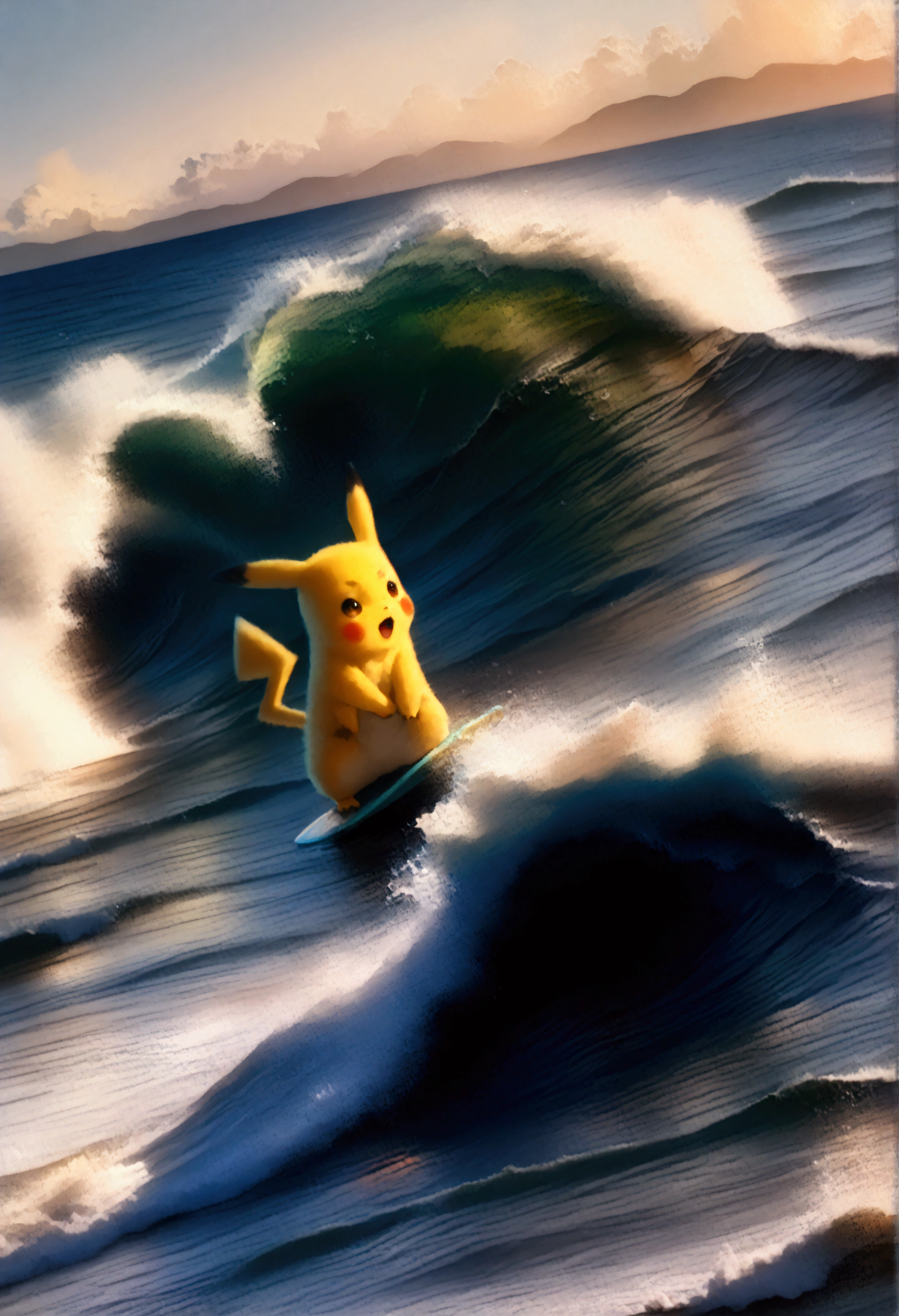 (Surfing 3Pikachu:1.3),quality\(8k,wallpaper of extremely detailed CG unit, ​masterpiece,hight resolution,top-quality,top-quality real texture skin,hyper realisitic,increase the resolution,RAW photos,best qualtiy,highly detailed,the wallpaper,cinematic lighting,ray trace,golden ratio\), BREAK ,solo, 3boys\(Pikachu\(Pokémon, nintendo\),joy\) (surfing:1.5), BREAK ,background\((big wave\(rolling,beautiful,clear,(motion blur:0.5)\):1.5),beautiful sea\(whitecaps\),clean ocean,beautiful coral, beautiful fish,beautiful sky,beautiful sunlight,reflections,water splash,you can see the wind browing,\),(dynamic angle:1.4),anime style,(from above),(close-up of pikachu)