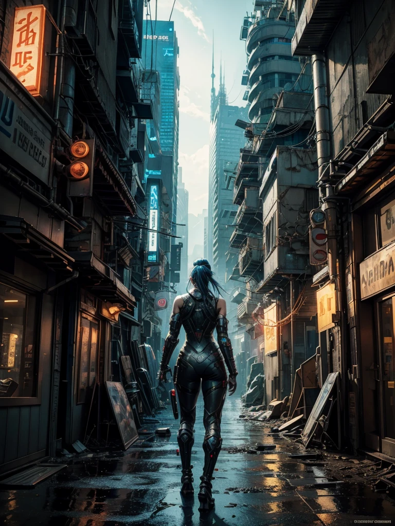 a futuristic cyberpunk warrior woman while she searches a semi-destroyed alien city, within the city walls some mysterious alien symbols can be glimpsed, hyper-realistic, cinematic, 4k, ultra-detailed, masterpiece, intricate-details, photo-realistic