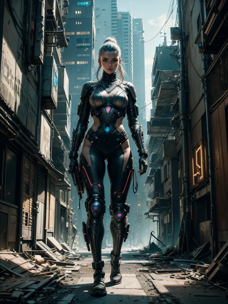 a futuristic cyberpunk warrior woman while she searches a semi-destroyed alien city, within the city walls some mysterious alien symbols can be glimpsed, hyper-realistic, cinematic, 4k, ultra-detailed, masterpiece, intricate-details, photo-realistic