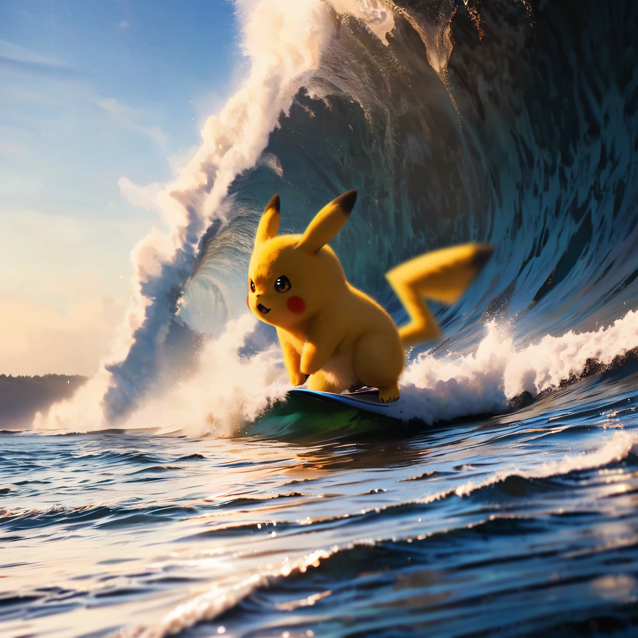 
(Surfing Pikachu:1.3),quality\(8k,wallpaper of extremely detailed CG unit, ​masterpiece,hight resolution,top-quality,top-quality real texture skin,hyper realisitic,increase the resolution,RAW photos,best qualtiy,highly detailed,the wallpaper,cinematic lighting,ray trace,golden ratio\), BREAK ,solo, 1boy\(Pikachu\(Pokémon, nintendo\),joy\) (surfing:1.5), BREAK ,background\((big wave\(rolling,beautiful,clear,(motion blur:0.5)\):1.5),beautiful sea\(whitecaps\),clean ocean,beautiful coral, beautiful fish,beautiful sky,beautiful sunlight,reflections,water splash,you can see the wind browing,\),(dynamic angle:1.4),anime style,(from above),(close-up of pikachu:1.2)