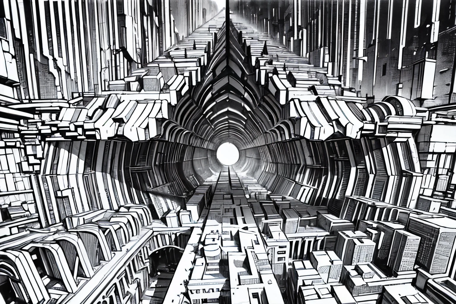 ((best quality)), ((masterpiece)), (detailed), (best quality,4k,8k,highres,masterpiece:1.2),ultra-detailed,(realistic,photorealistic,photo-realistic:1.37),complex intricate architectural structures,Escher style building,surreal urban cityscape,impossible geometry,gravity-defying architecture,abstract pattern complexity,striking visual illusion,mesmerizing maze-like design,dreamlike architectural elements,intricate three-dimensional tessellations,optical illusion buildings,incredible depth perception,hypnotizing architectural labyrinth,surreal and mind-bending cityscape,intricately intertwined structures, black and white, grey scale