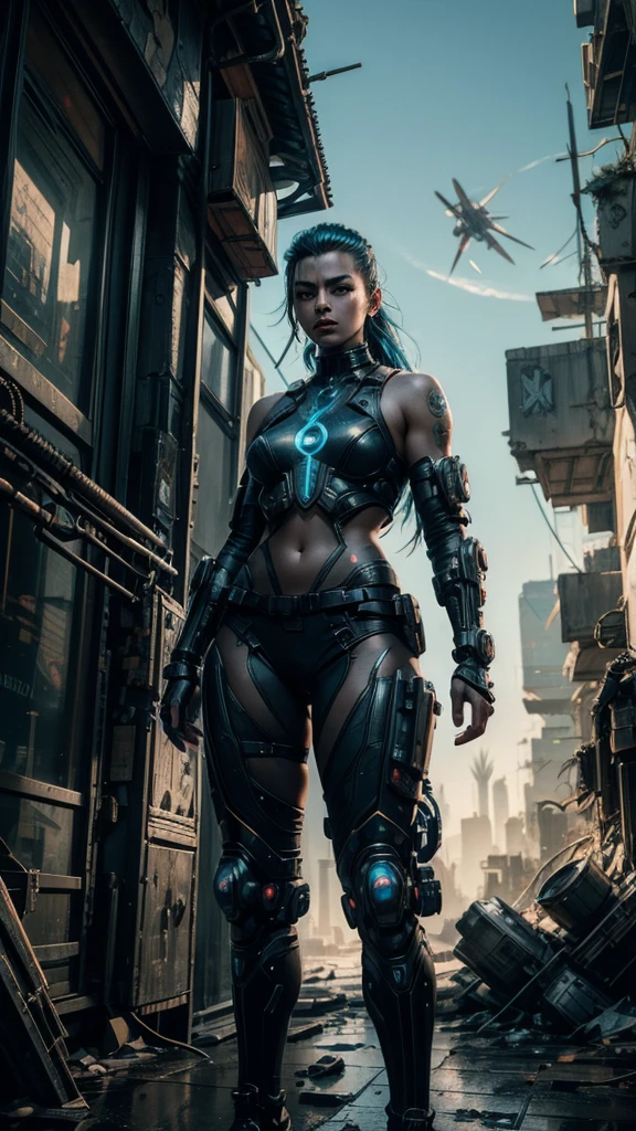
a futuristic cyberpunk warrior woman while she searches a semi-destroyed alien city, within the city walls some mysterious alien symbols can be glimpsed, hyper-realistic, cinematic, 4k, ultra-detailed, masterpiece, intricate-details, photo-realistic 