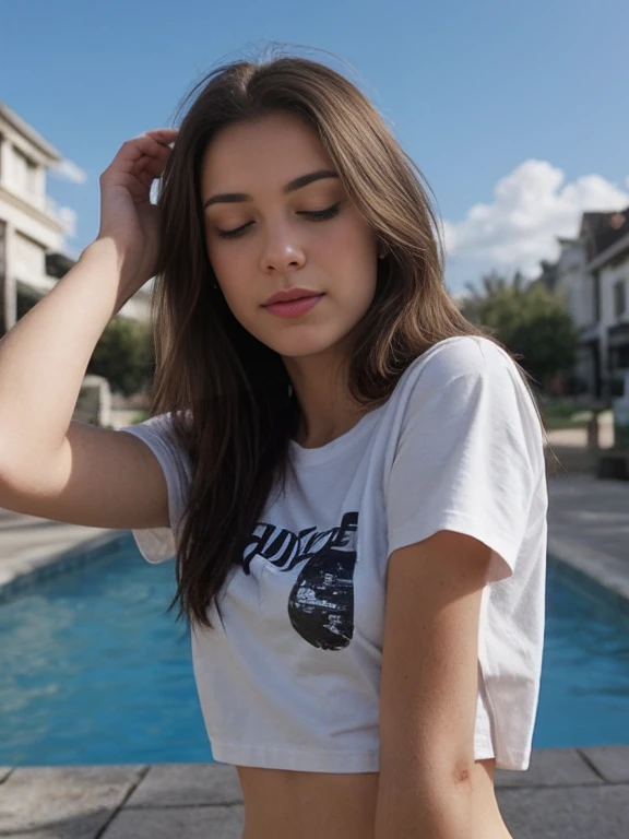 20 year old brunette,  T-shirt without bra outside selfie, one eye closed, coquette, light eyes