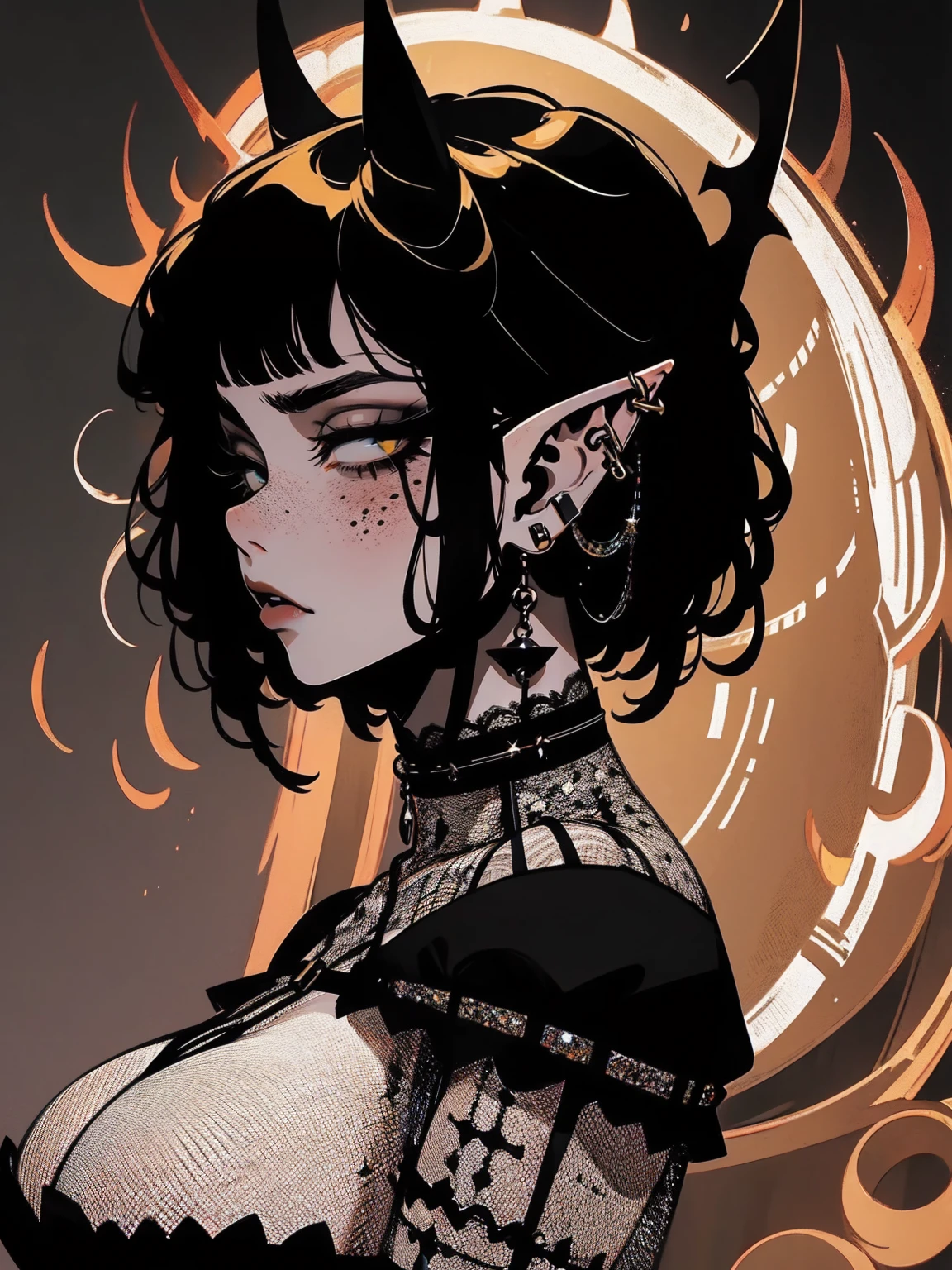 high détail, work of art, dramatic lighting(absurderes, high resolution, ultra detaild), extremely detailed 8k CG unit. mature face, adult Woman, Woman, mature Woman, elf, piercings, Short Wavy Black Hair and Bangs, (black hair), fangs, freckles, yellow eyes, modest black clothes, mad expression, whole body, backwards, looking back