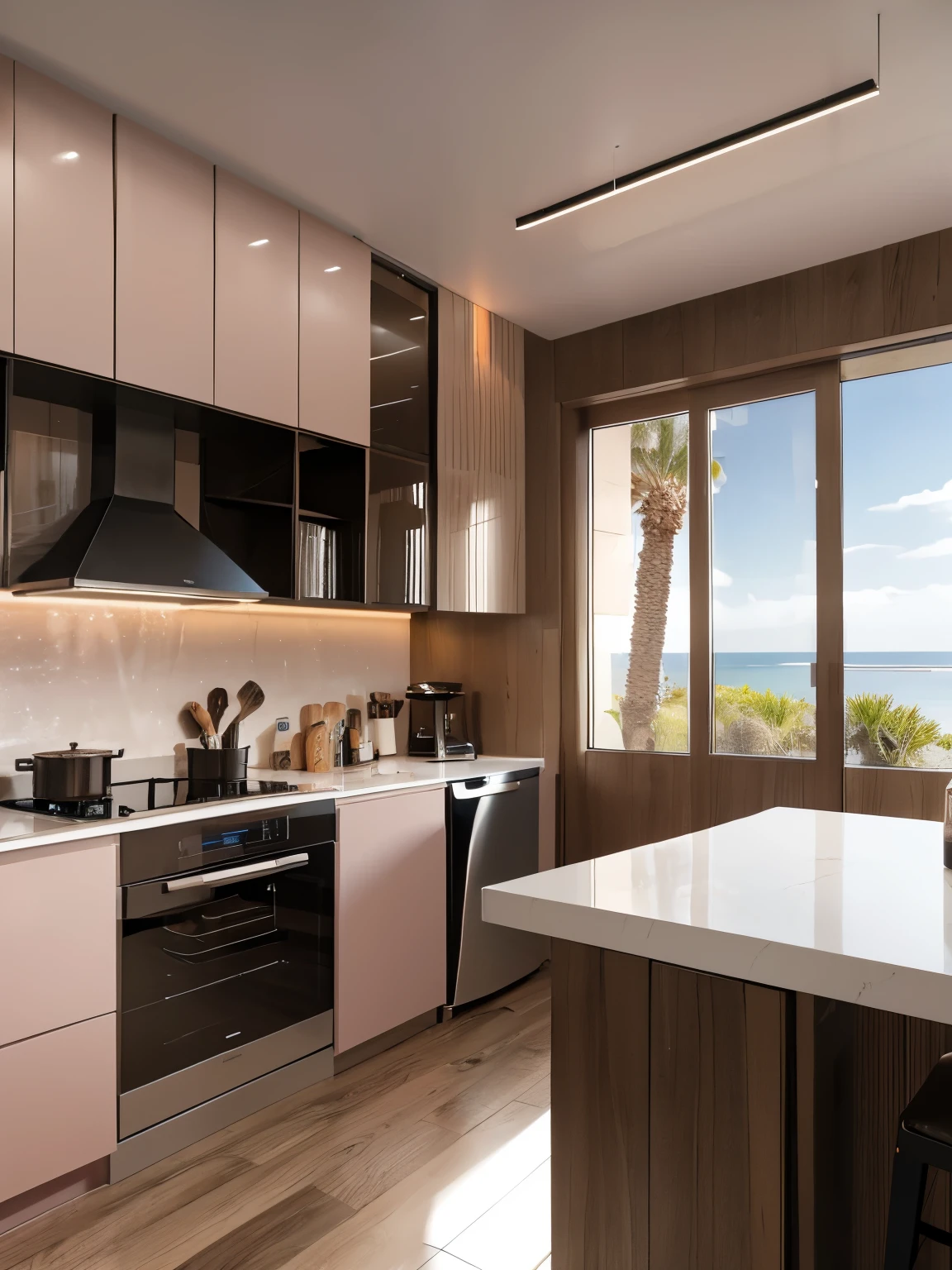 (masterpiece:1.2, best quality:1.2), ultra highres, professional lightings, cinematic lightings, 8k wallpaper, ((ultra realistic interior of kitchen room, ultra detailed interior of kitchen room, counter table, wooden floor, view palm trees & ocean via kitchen window, pink painted wall, parted from living room by long counter table, counter chairs, bar chairs)), entire view, whole view, panorama view,